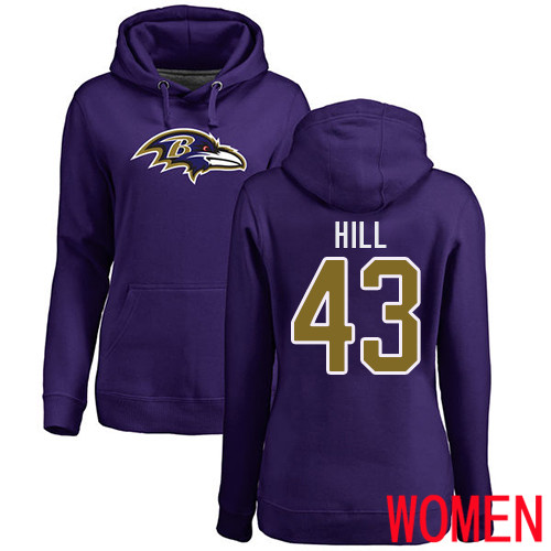 Baltimore Ravens Purple Women Justice Hill Name and Number Logo NFL Football #43 Pullover Hoodie Sweatshirt